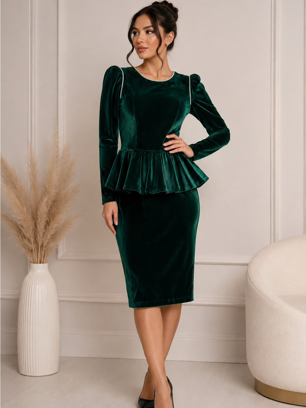 A.J. Bari Emerald Green Velvet Long-Sleeve Peplum Dress